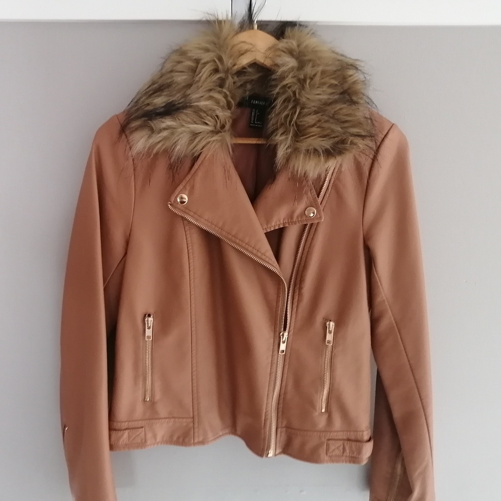 F21 Faux Leather Fur Trim Jacket NWOT